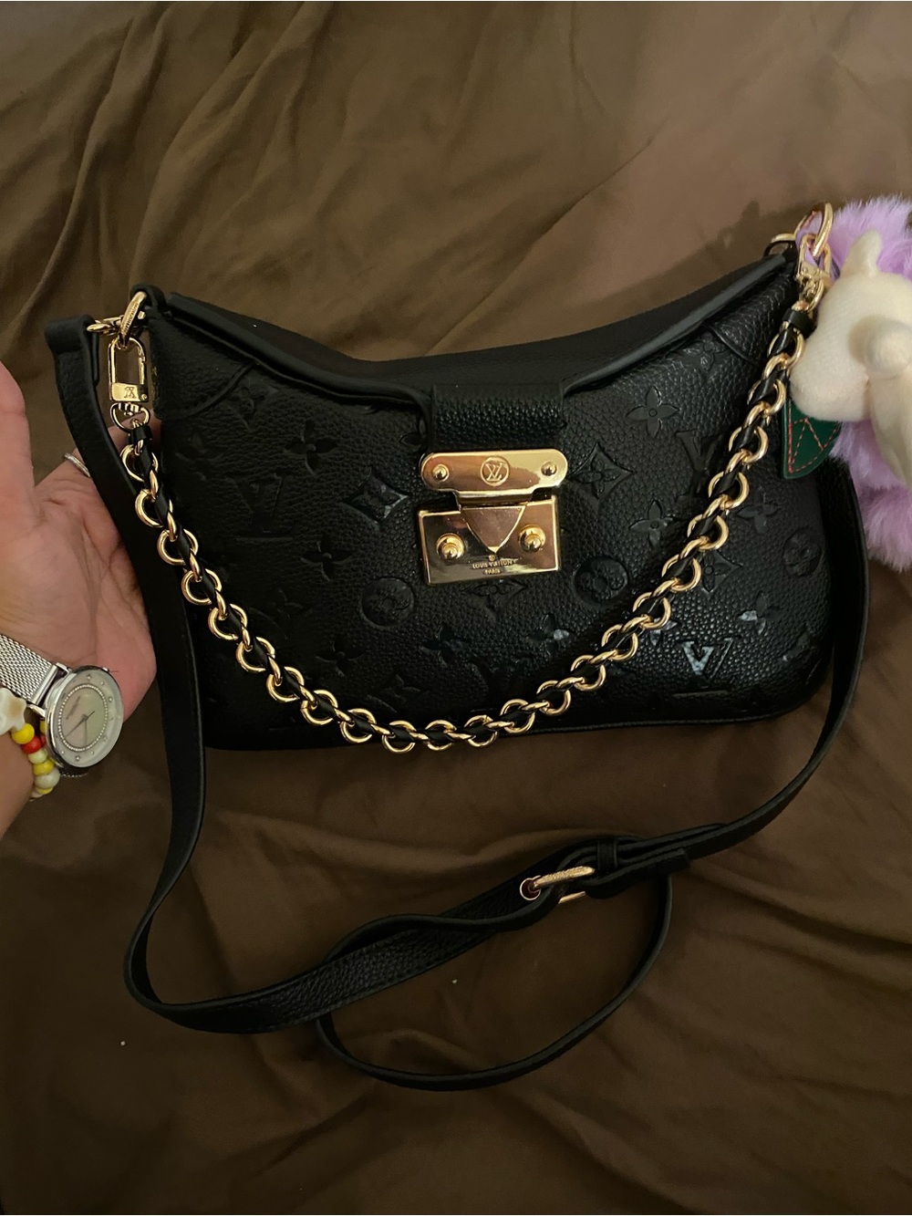 Embossed Black Chain-Accent Shoulder Bag